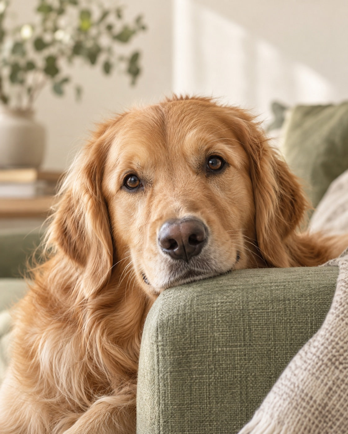 A golden retriever resting at home
