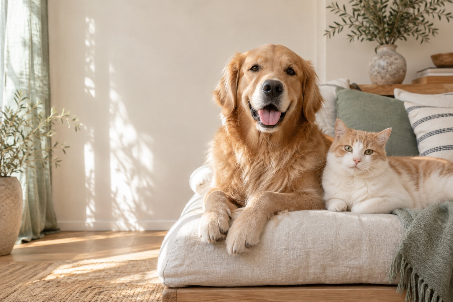 A golden retriever and a cat sharing a sunlit sofa