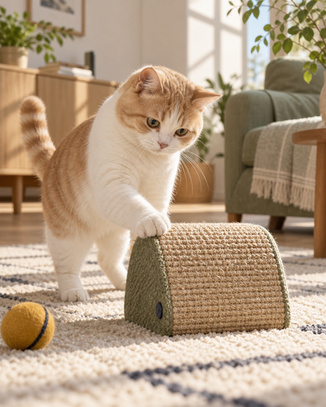 A cat exploring a natural sisal scratcher in a sunny home