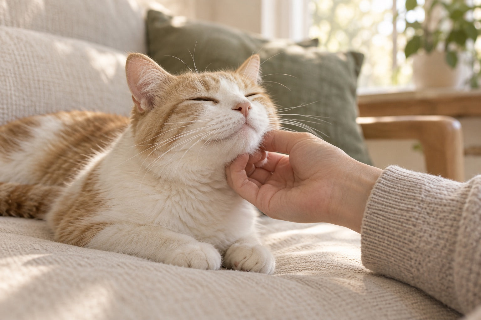 A cat enjoying a gentle chin scratch at home