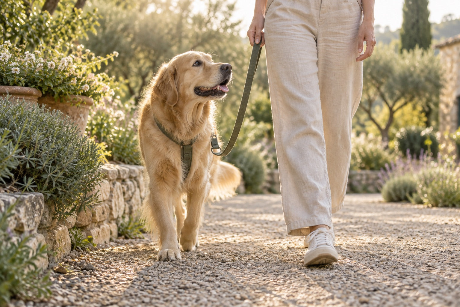 A golden retriever enjoying a quiet morning walk